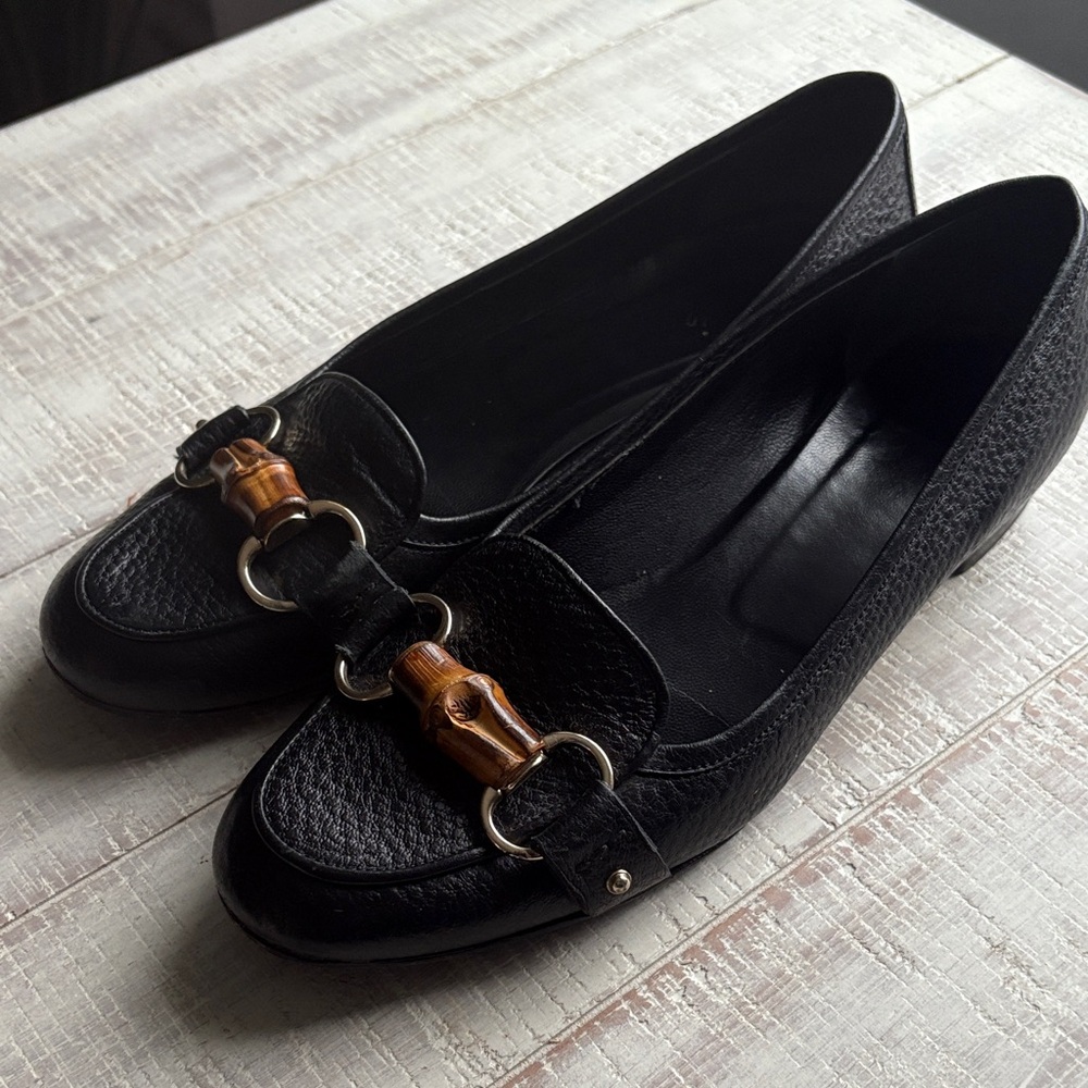Gucci Black Leather Flats with Bamboo Horse bit